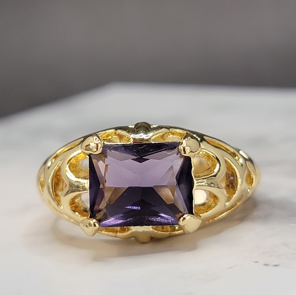 Gold Plated Simulated Amethyst Filigree Ring